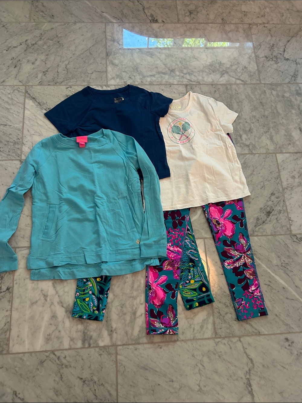 Lilly Pulitzer Girls L 8-10 Navy, Teal, White & Multicolor Floral Set 2 pants